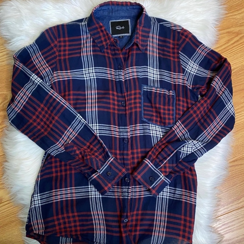 RAILS Plaid Navy Red Button Front Cotton Shirt SM